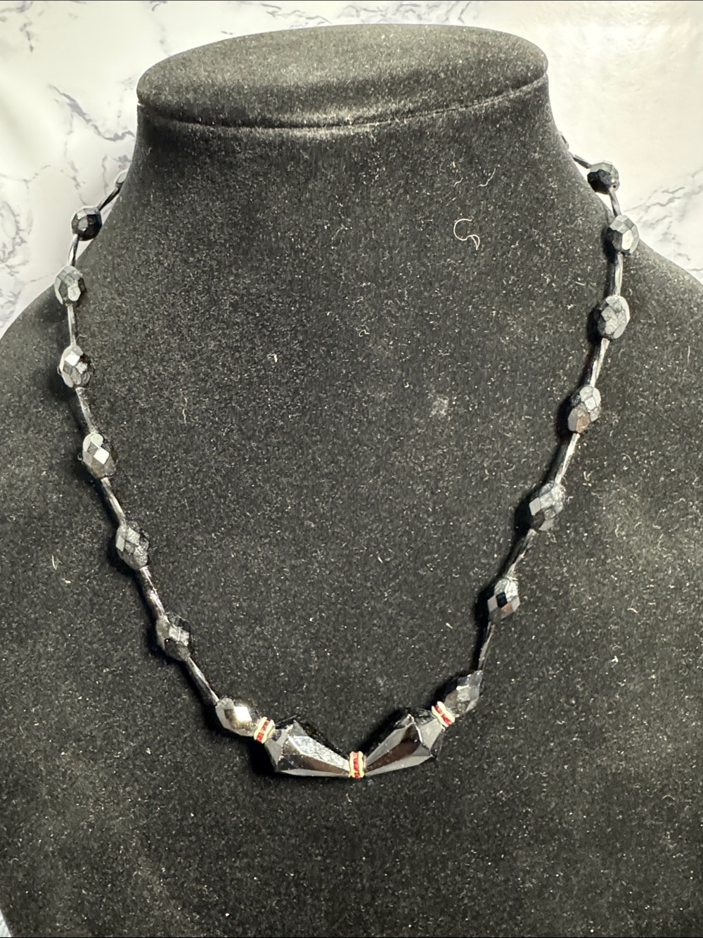 Vintage Source Unknown Faceted Hematite Bead Necklace in Dark Black